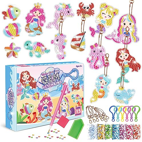 CAYUDEN Diamond Painting Anhänger Set, 15 Stück DIY Gem Schlüsselanhänger Ornamente 5D Meerjungfrau Diamant Schlüsselanhänger Diamond Keychains Gem Anhänger für 8-12 Jahren Mädchen