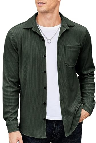 COOFANDY Veste pour Hommes Chemise À Manches Longues Chemise en Velours Côtelé Regular Fit Veste Légère Chemise Décontractée Chemise Chaude avec Poche Poitrine sans Repassage Vert Militaire L