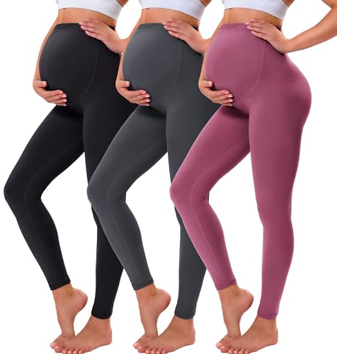 VALANDY graviditetsleggings över bula smör mjukt magstöd töjbar justerbar hög midja graviditetsbyxor yoga pyjamas, 3-pack-svart/mörkgrå/mörkrosa, L