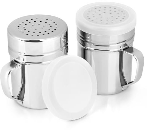 Accmor 2pcs Stainless Steel Dredge, Salt Pepper Dredge Shakers with Handle, Seasonings Spice Shakers with Lid, 10 Ounce