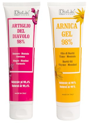 Dulàc, Kit Arnica e Artiglio del Diavolo 98% Gel, 2x100ml, Arnica per Cavalli Uso Umano, Gel Corpo Forte Rinfrescante con Mentolo per Massaggio di Muscoli e Articolazioni, Nickel Tested, Made in Italy