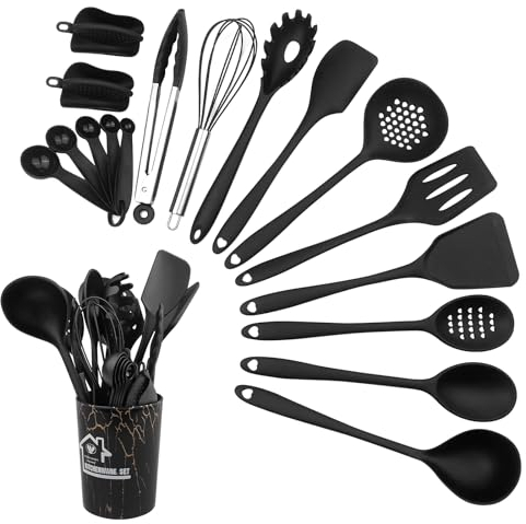 Maxentico Utensili Cucina(18Pcs), Utensile Mestoli in Silicone da Cucina, Mestolo Set, Lavabile In Lavastoviglie, con Secchio Portaoggetti, Silicona Resistente a Altas Temperaturas y al Calor