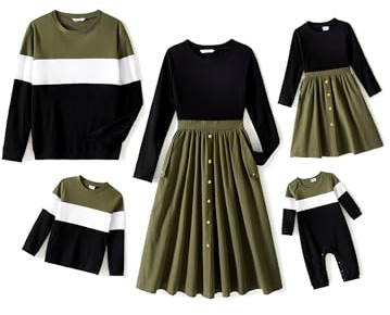 PATPAT Familien Outfit Set - Partnerlook Mutter Tochter Kleidung, Langarm T-Shirt & Mutter Kind Kleider Mama Tochter Kleidung für Herbst & Frühling/Herren, Farbblock, Herren: L
