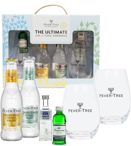 Gin & Tonic Gift Set for Couple Gifts - Fever Tree The Ultimate Flavoured Gin Cocktail Set of 2 x 200ml Tonic Water, 2 x 5cl Gin Miniature Alcohol Bottles & Two Branded Glasses. Great Gifts for Women