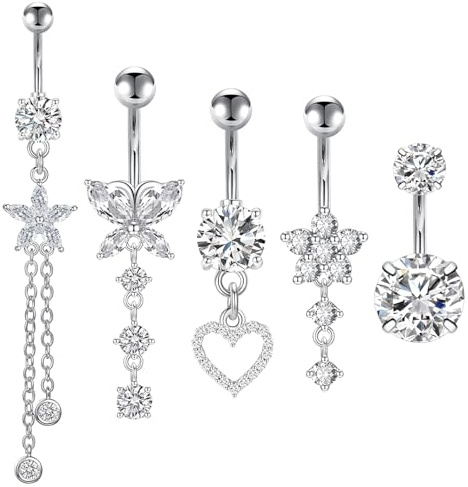 DHINCHANSAIB Percing au nombril, 5 Pièce 14G Piercing Nombril Acier Chirurgical avec CZ Clair Petits Cristaux Ronds, 14G Piercing Nombril Acier Chirurgical Long Dangle Court Inverse pour Femme Filles