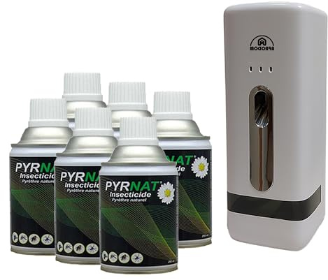 Pyrnat 6x250ml Insecticide au Pyrethre avec Diffuseur Automatique Anti-mouches, Moustiques, Punaise de Lit Très Efficace contre les insectes volants et rampants. (7)