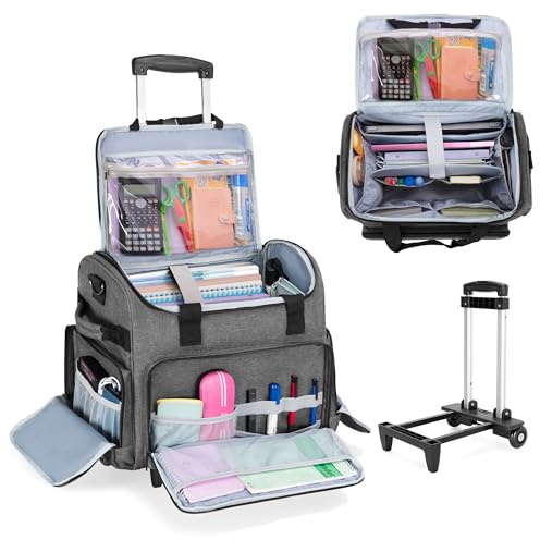 CURMIO Teacher Bag on Wheels with Scalable File Organizer, Rolling Teacher Tote Bag Fits for 15.6” Laptop, Teaching, Craft or Medical Supplies, Grey (Patent Design)