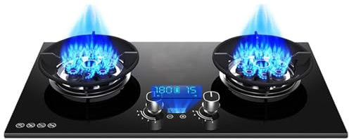 THEGA Cooker A Gas Interno - 5.2kw 2 Stufa A Gas Bruciatore, 9 cavità A Cronometrare Il Fuoco Alto, Pentola A Gas in Vetro Temperato, Stufa A Doppio Bruciatore A Casa con Funzione Timer(NG)