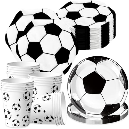 pekifaves Vajilla para fiesta de fútbol para 16 invitados, decoración de cumpleaños infantil, platos de fiesta de fútbol, platos de cartón vasos de cartón servilletas, para niñas y niños, blanco negro