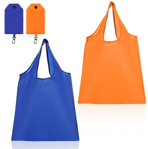 2 sacchetti per la spesa pieghevoli, in un sacchetto, grandi, riutilizzabili, con manici, pieghevoli, lavabili in lavatrice, per cucina, viaggi, forniture quotidiane, arancione e blu