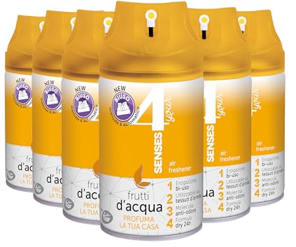 4 YOUR SENSES | Deodorante per Ambiente Spray Bi-uso, Formula Dry 24h con Molecola Anti-Odore, Utilizzabile sulle Superfici di Arredo, Frutti d'Acqua, 6x250 ml