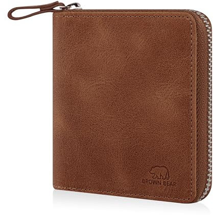 BROWN BEAR Leder Geldbörse klein mit Reißverschluss & Münzfach | RFID-Schutz | Portemonnaie aus Echtleder Vintage Braun | Geldbeutel für Damen & Herren | BB Max HBR