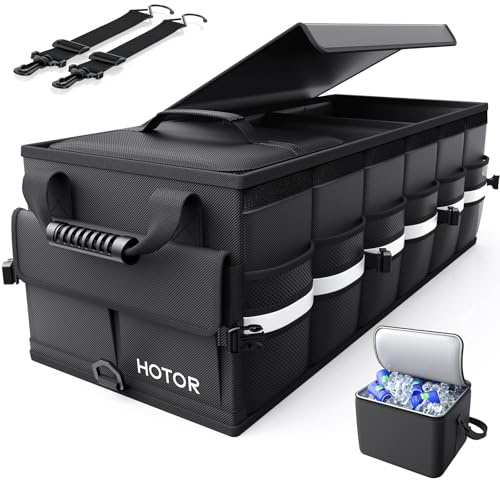 HOTOR Car Trunk Organizer - Trunk Organizer for SUV with Removable Cooler Bag, Foldable Cover, 3 Compartment Car Storage Essential Car Accessories for Truck, Van & Sedan, Black, 33.1 x 12.6 x 11.0
