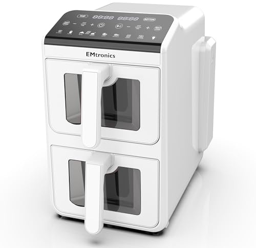 EMtronics 10L Stack Air Fryer with Windows and Dual Zone 2460W Family Size, 8 Preset Cooking Mode, Match Cook & Smart Finish Functions, 10 Litre - White