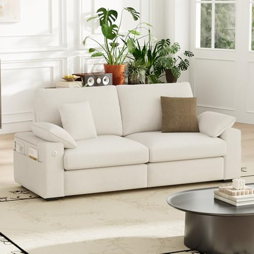 MALOL 76 Loveseat Couch, 3 Seater Upholstered Midcentury Mondern Love Seat with USB Type C Ports, 4 Pillows and Storage Armrest Cloud Foam Sofa for Living Room/Small Spaces, Beige