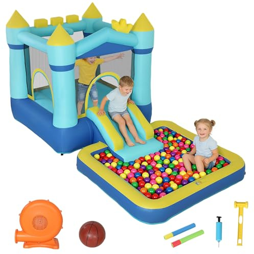 AIYAPLAY Hüpfburg mit Gebläse Aufblasbar Spielcenter mit Rutsche Trampolin Planschbecken/Bällebad Basketballkorb Wasserpistole Bouncy Castle für 3-8 Jahre Kinder für Indoor & Outdoor 364x173x182 cm