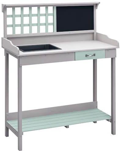 HOMCOM Garden Potting Table with Sink, Blackboard and Drawer, Wooden Planting Work Bench Workstation Outdoor Tool Storage Shelves