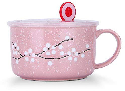 VanEnjoy 30oz Ceramic Bowl Set with Lid & Handle,Cherry Blossoms Among Snow Flake Pattern,Microwave for Instant Noodle Sara, Cereal Bowl (Pink)