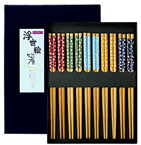 Exzact Chopsticks Gift Set 10 Pairs of Reusable Natural Bamboo Chopsticks in a Beautiful Black Handmade Box – Decorated Japanese Style