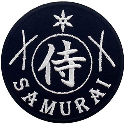 Samurai Patch Biker Applique Embroidered Iron On Sew On Emblem, White & Black