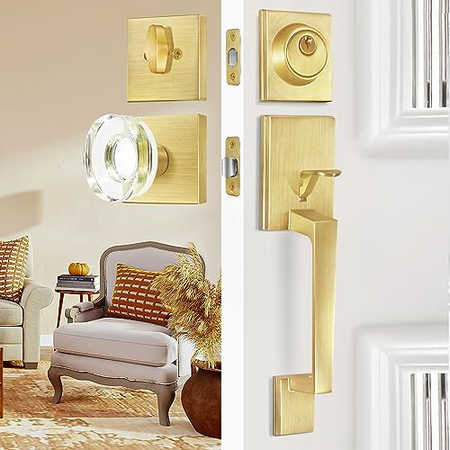 BonKuDoo Maniglia per porta d'ingresso dorata con pomello interno in vetro, set serratura per porta anteriore, maniglia per porta anteriore in ottone satinato e set di catenaccio singolo cilindro