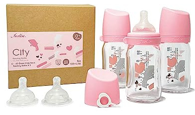 FARLIN Anti-Colic Glass Baby Bottles with Silicone Pacifier and Milk Powder Container, Thermal Resistant, BPA Free, for 3 Month+ Babies - (Fly, 5oz*3)
