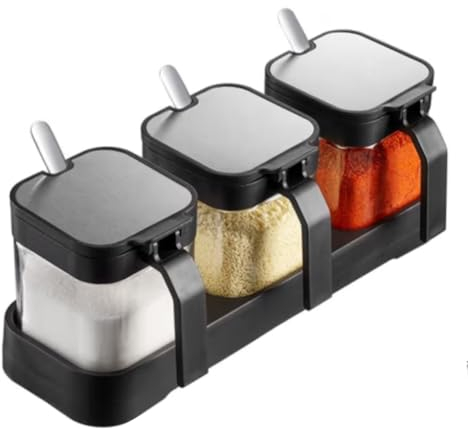 LOYUYU Condimento Jar Contenitore di Spezie con Coperchi e Cucchiai, 250ml Cancella Vasi per Condimenti in Vetro Set di 3, Cucina Conservazione di Alimenti Nero