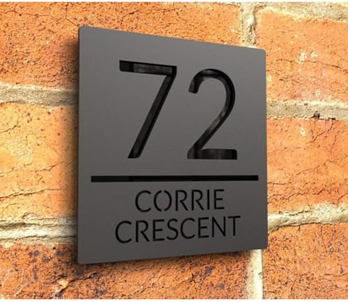 Letrero de acrílico personalizado con números de casa modernos para exteriores, placa de dirección de casa, cortada con láser, 3D, números decorativos de casa (negro y negro, 20 x 20 cm)
