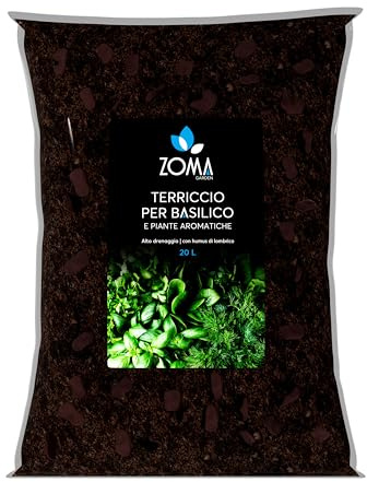 ZOMA Terriccio per Basilico e Piante Aromatiche - Ideale per Vasi, Evita Ristagni Idrici - Terriccio piante aromatiche con Humus di Lombrico, privo di Fertilizzanti Chimici - 20 Litri