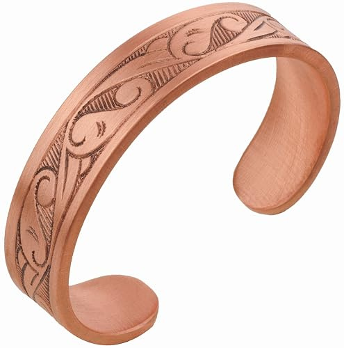 DEMMEX Bracelet en cuivre pur, 3 mm d'épaisseur, gravé à la main, finition mate, fabriqué à la main en Turquie, M/L - Wrist 18-21cm, Cuivre, Pas de gemme