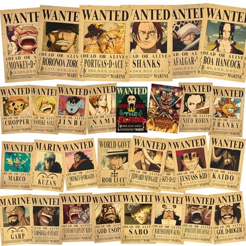 30 Poster Pirati Ricercati 28,5 x 19 CM,Poster da Parete Anime Pirati di Cappello di Paglia,Decorazioni per la Casa,Camera da Letto,Collage da Parete,Adatti per Anime Fans Regali per Ragazzi Ragazze