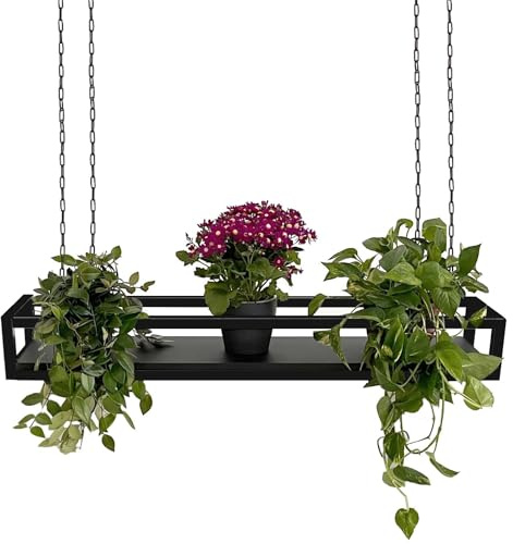yelloo - Mensola Sospesa a Soffitto con Catene, Ideale come Portafiori, Piante da Interno ed Esterno al coperto, Design Classico ed Elegante per Casa, Balcone (FLOWERS Nero/Nero, 115 cm)