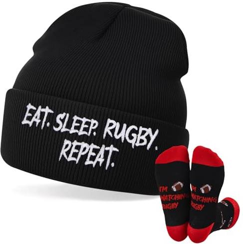Geyoga Rugby Gifts for Men, Rugby Beanie & Socks Set, Early Christmas Presents Embroidered Knit Hat and Funny Novelty Socks, Warm Winter Birthday Gift for Boy Fans Dad Grandad Husband