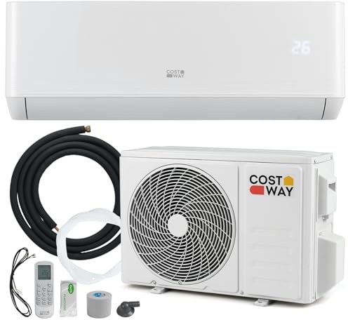 COSTWAY 12000BTU Split Klimaanlage, Klimageräte mit Heizfunktion 3,4kW, Air Conditioner Wandhalterung inkl. Kupferleitung, Kältemittel R32, Selfclean, sehr leise für Räume bis zu 70m³