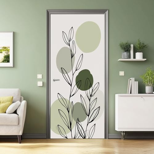 Adesivi per Porte in PVC Premium, Door Cover Piante Semplici, Applicazione Facile e Senza Bolle, Rivestimenti per Porte da Interno 95x215 cm Rifilabili Verde Salvia