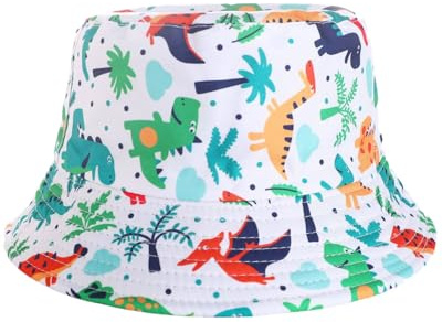 MOPZIJA Cappello da sole per bambini, cappello da pescatore per bambini con Dinosauro, cappello da sole reversibile per bambini, cappello da pescatore a tesa larga per bambini e bambine