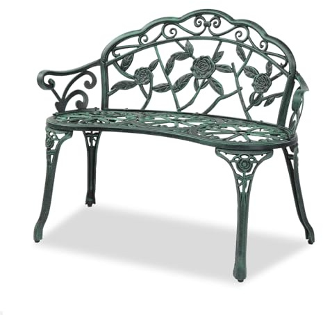 Bonnlo Panchina da Giardino 98 x 34 x 80cm in Alluminio Stile Vintage, Panchina da Esterno con Piedini Regolabili per Terrazzo, Balcone e Parco, Portata 136kg, Verde Bronzo
