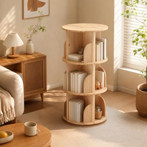 3-Tier Solid Wood Rotating Bookshelf, 360 Degree Rotating Bookcase with Protective Anti-Fall Design & Pine Wood, Display Floorstanding Storage Shelf with 3 Size Options for Bedroom, Living Room