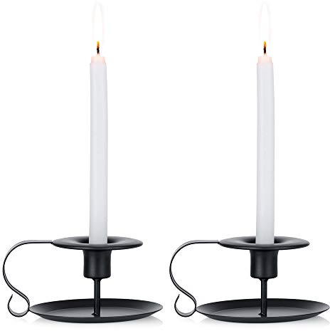2 Pcs Retro Iron Simple Black Chamberstick Candlestick Holders Taper Candle Holder, Fits Standard Taper and Candlesticks, Candlelight Stand for Halloween Christmas Dining Room Decoration Display