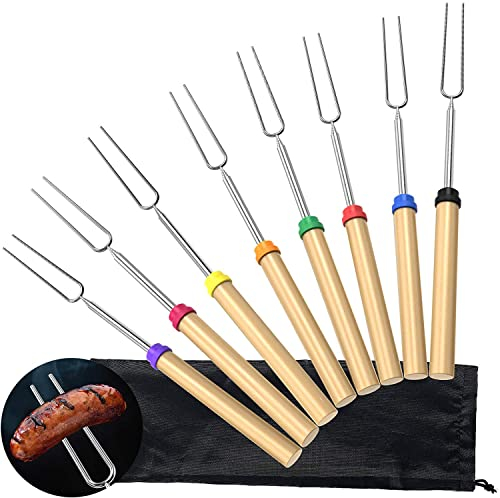 Grillgabeln, Set mit 8 Marshmallow-Bratstäben, ausziehbar, 81,3 cm, Teleskop, Edelstahl, Feuerstelle mit Holzgriff, für Grill, Camping, Lagerfeuer, Party, Picknick, Kamin