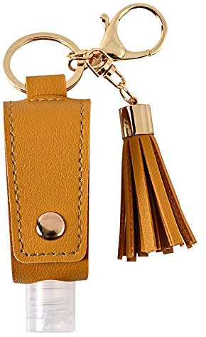 Bouteilles de voyage avec porte-clés - 30 ml - Vide - Distributeur de désinfectant pour les mains - En cuir - Rechargeable - Avec pompon - Jaune