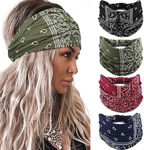 Acenail Wide Headbands Women Knotted Turban Headband Elastic Non Slip Hairbands Floral Workout Headbands Yoga Hair Scarfs Boho Head Wraps Fashion Hair Accessories for Women 4Pcs(Bohemian)