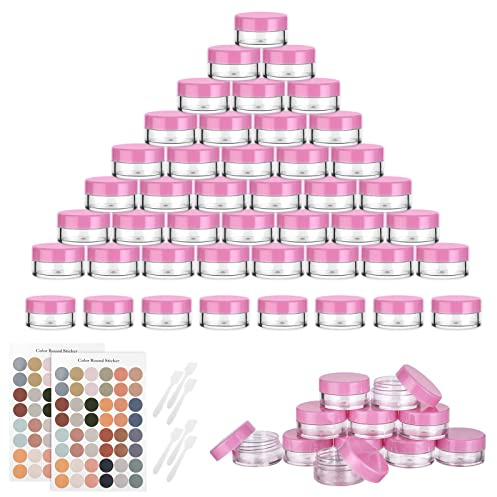 Flintronic Kosmetikburk i plast 64 x 5 ml, transparent och synlig provbehållare, rosa skruvlock flaska med klistermärke och liten sked, lämplig för kosmetika/kräm/gel/pasta/pärlor/mineral