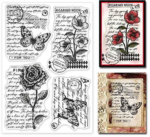 GLOBLELAND Vintage Blumen Klare Stempel für DIY Scrapbooking Dekor Skizze Schmetterlinge Handgeschriebener Text Rosen Mohnblumen Transparente Silikonstempel zum Erstellen von Karten Fotoalbum
