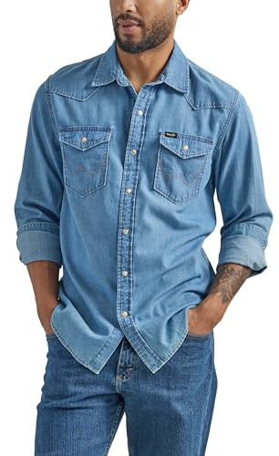 Wrangler Herren Iconic Denim Regular Fit Snap Shirt Hemd mit Button-Down-Kragen, Lake Wash, Mittel