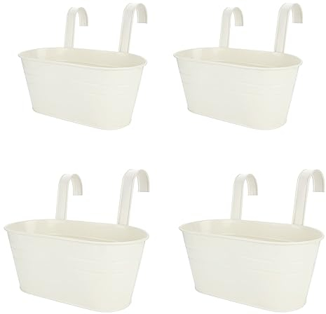 SHUESS 4 Pcs Iron Hanging Flower Pots - Balcony Planters for Railing with Detachable Hook - Over Fence Planters - Metal Hanging Plant Pots Outdoor for Fence Balcony Garden, Beige