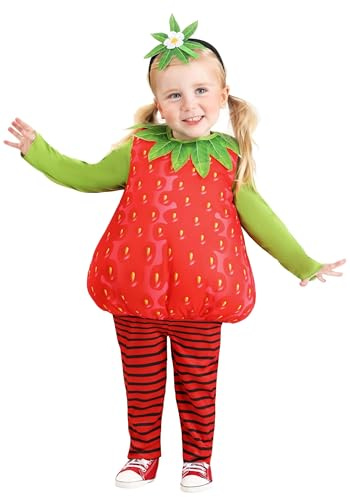 Classic Strawberry Costume for Toddlers - Padded Jumpsuit, Leaf Collar, Headband with Felt Leaves & Flower 2T/4T