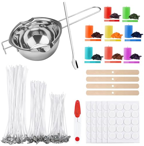 ALLAVA Kit de fabrication de bougies, pot de cire et 100 mèches de bougie, 8 couleurs de bougie, 100 autocollants pour bougies, 4 supports de mèche, kit de fabrication de bougies pour adultes et