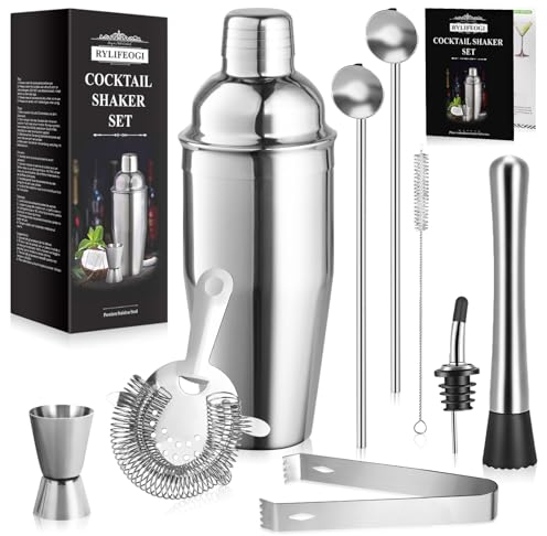 RYLIFEOGI Kit Shaker à Cocktail, 10 Pièces Kit Barman Professionnel Acier Inoxydable avec 750ml Shaker Cuillère Paille pour Bar, Maison, Fête, Lui, Elle