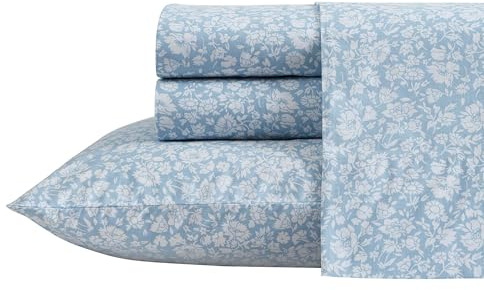 Laura Ashley - Twin Sheets, Cotton Percale Bedding Set, Lightweight & Breathable Home Decor (Heirloom Ditzy Blue, Twin)
